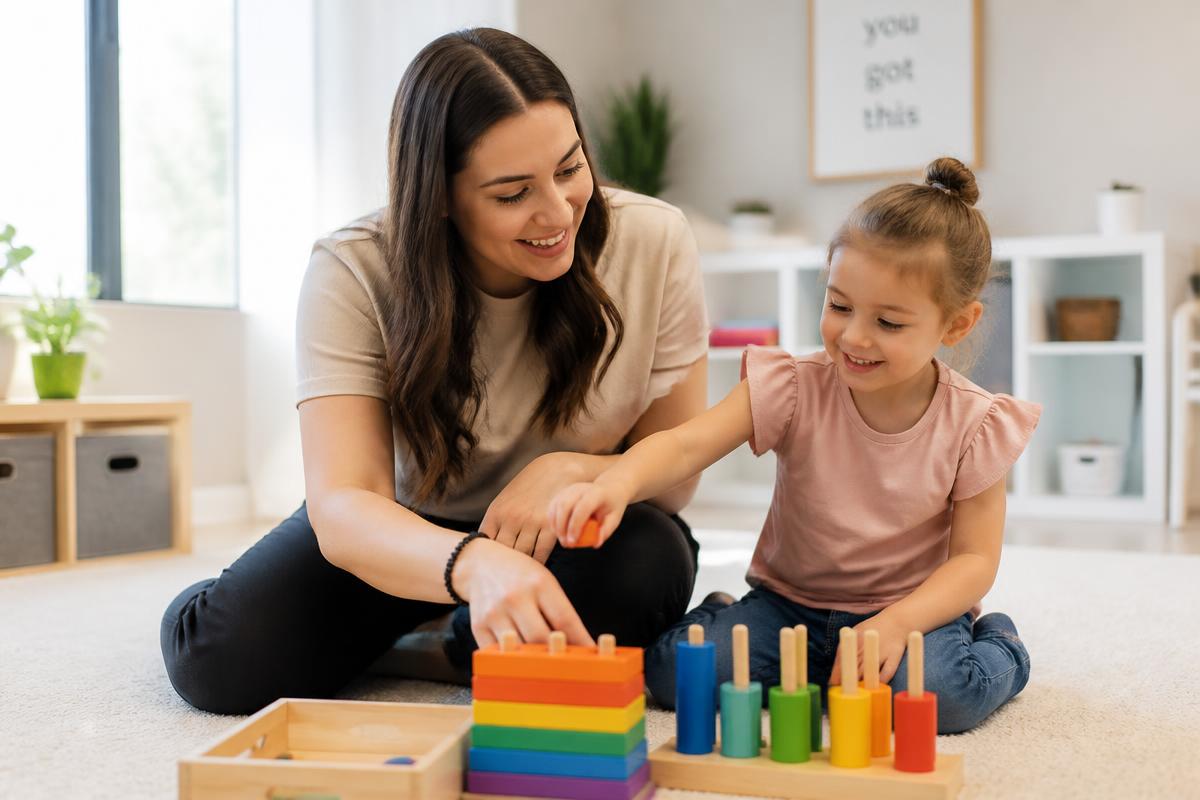 A clinician and a young child engaging in a playful learning activity together