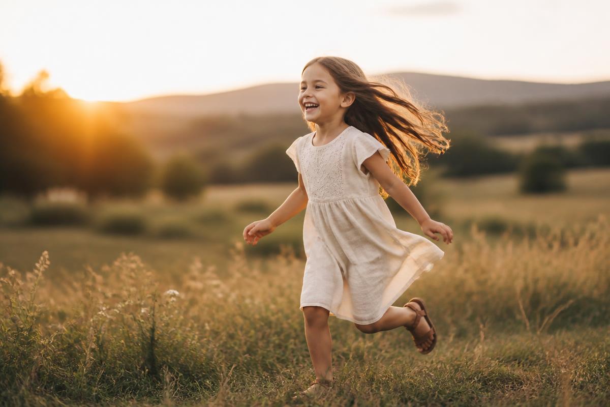 A joyful child running freely through a sunlit grassy field