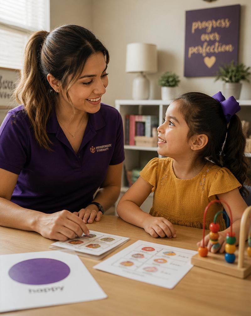 A therapist and a young child working together at a table with learning materials