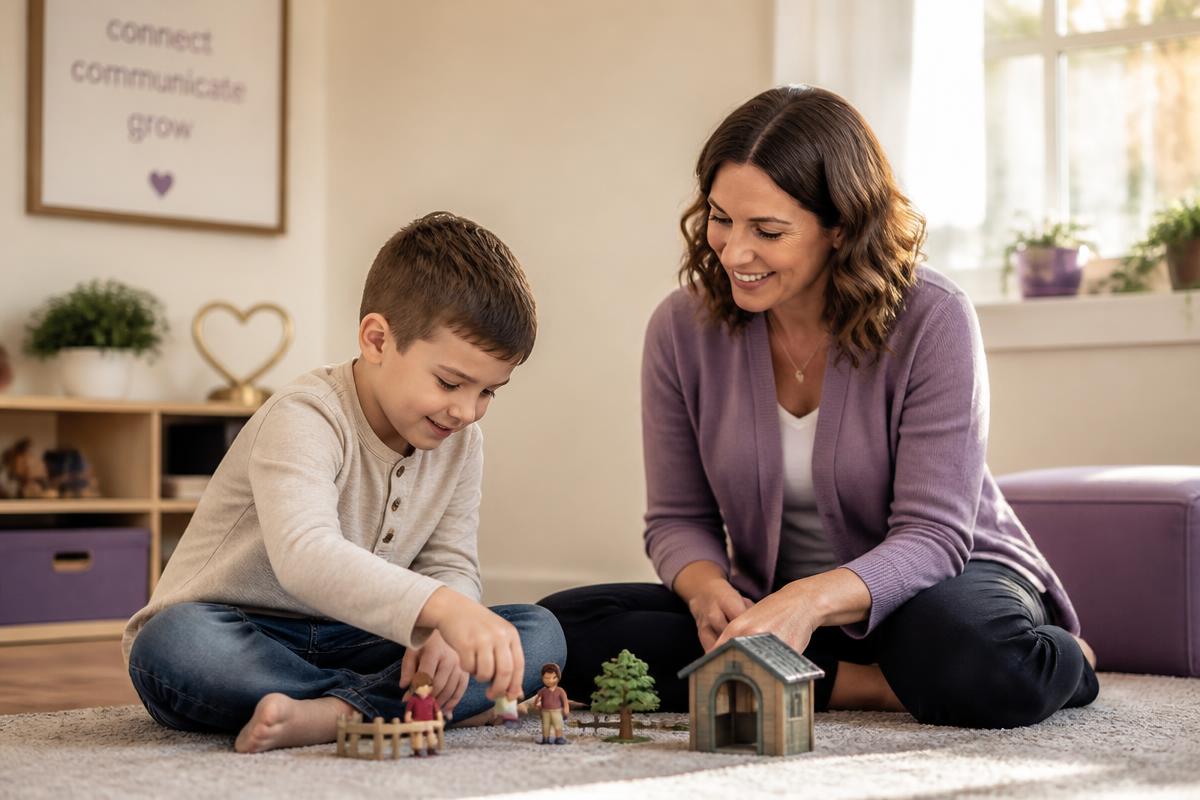 A child and therapist playing together on the floor with toys