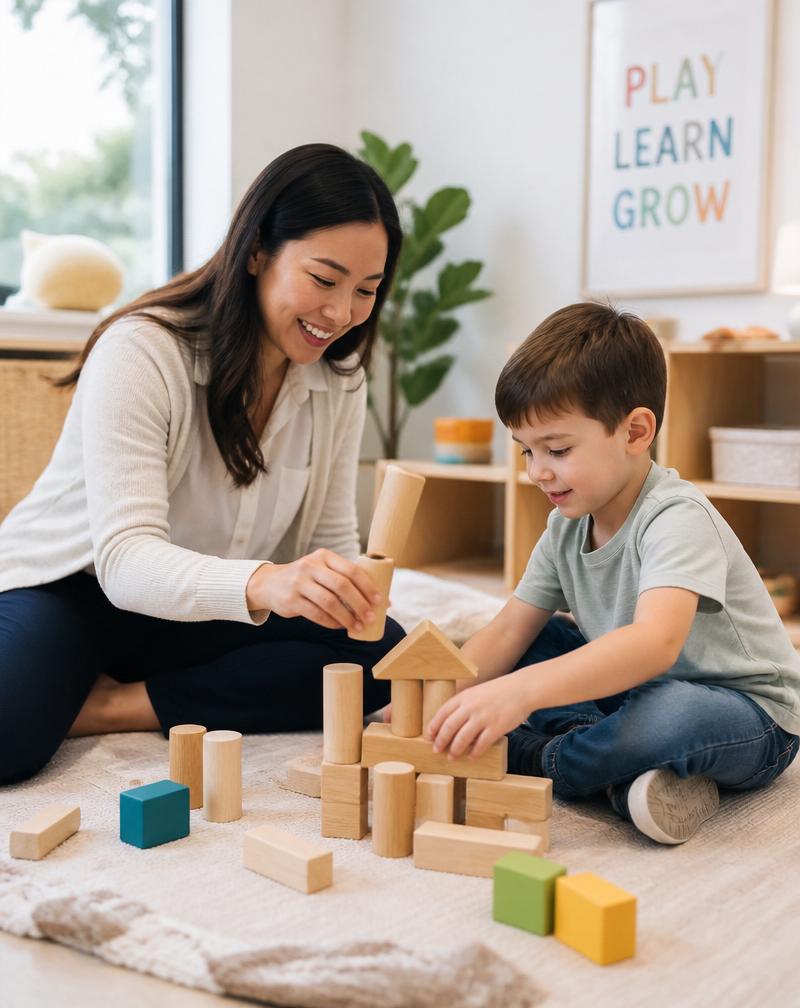 A therapist and a young child playing with wooden building blocks together