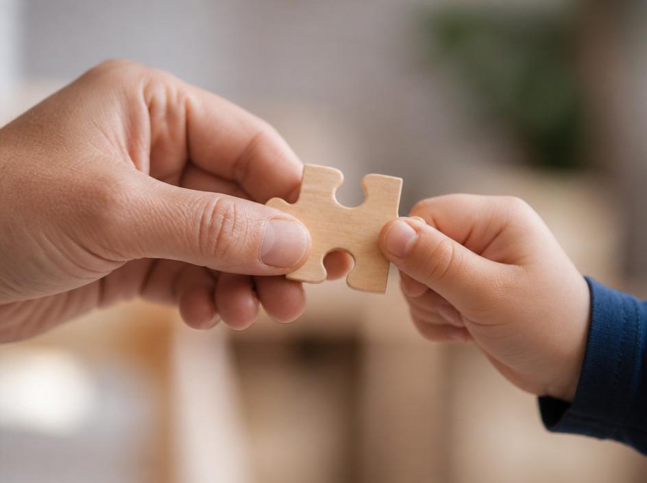 An adult hand and a child's hand holding a wooden puzzle piece together